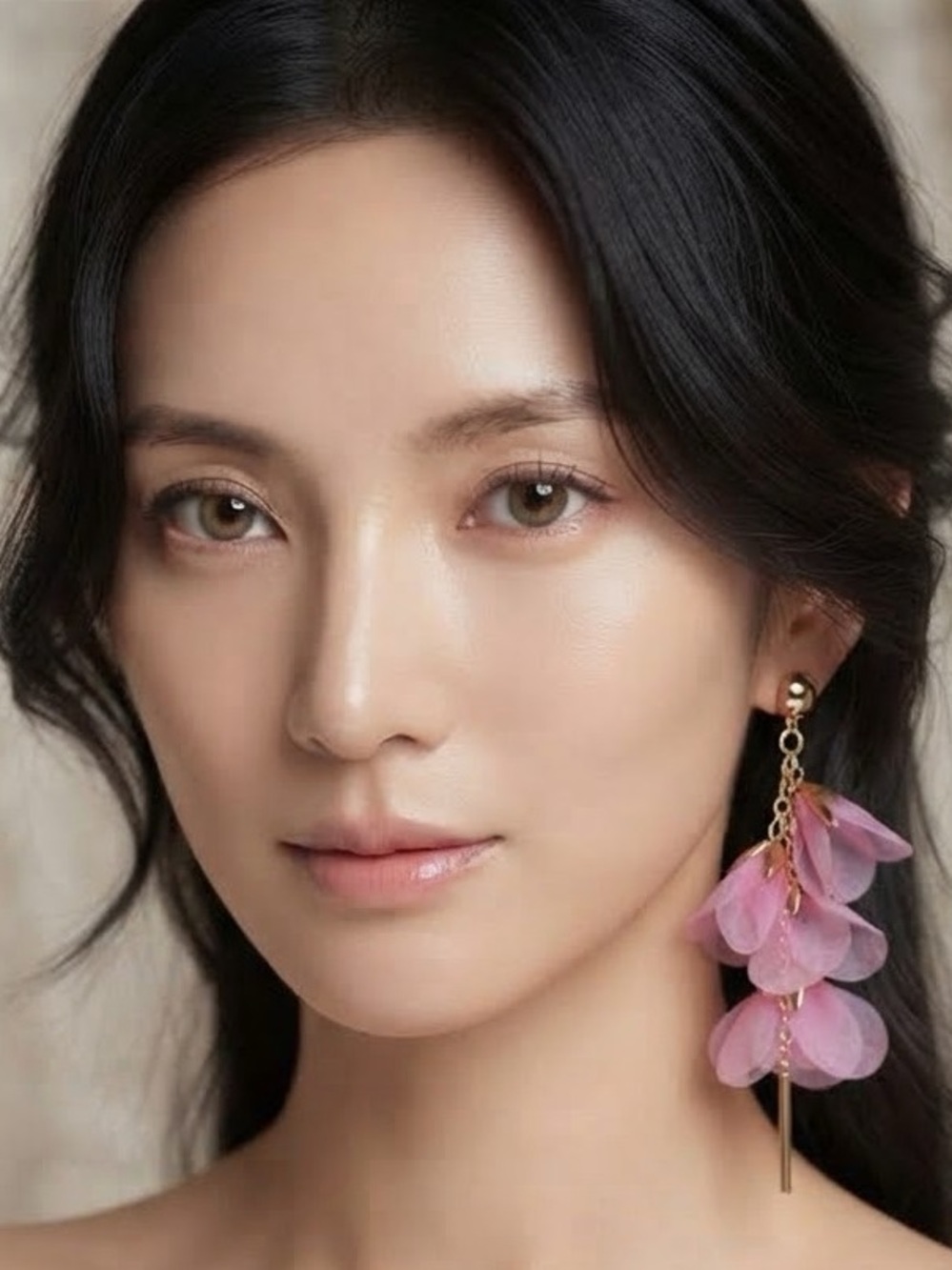 Pink Petal Drop Earrings with Gold Chain - Unbranded
